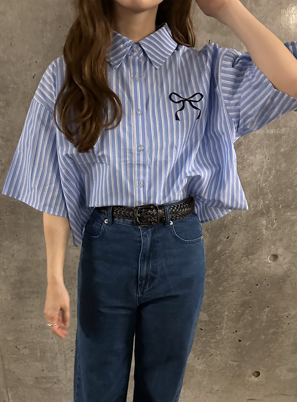 ストライプ柄リボン刺繍ショート丈ブラウス[fu177] | レディース