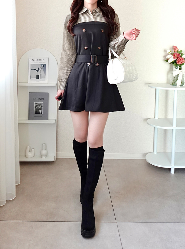 ベルト付きチェック柄シャツドッキングミニワンピース[pu75