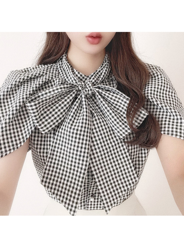 ボウタイ付きギンガムチェック柄ケープ風ブラウス[ta043] | レディース