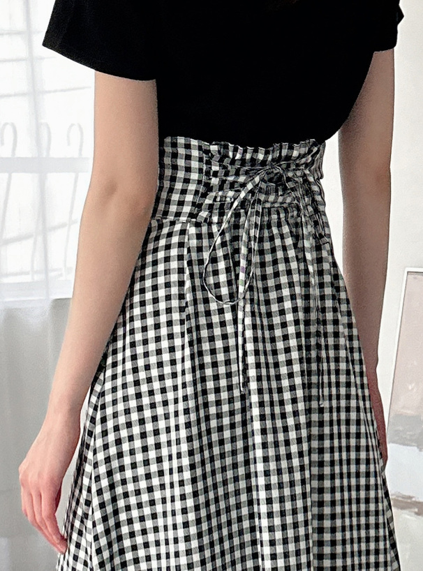 ギンガムチェック柄バックレースアップフレアスカート[ta132
