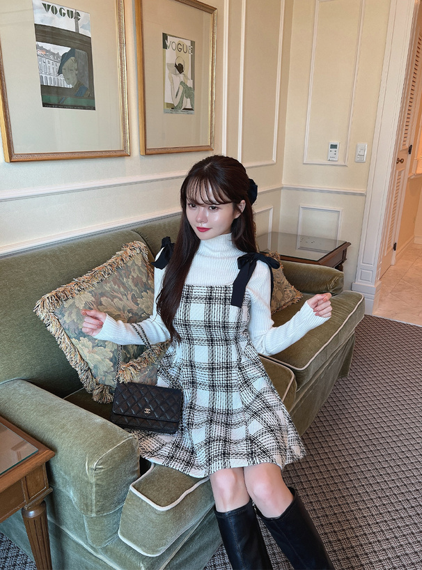 ツイードチェックショルダーリボンミニワンピース[tu1417