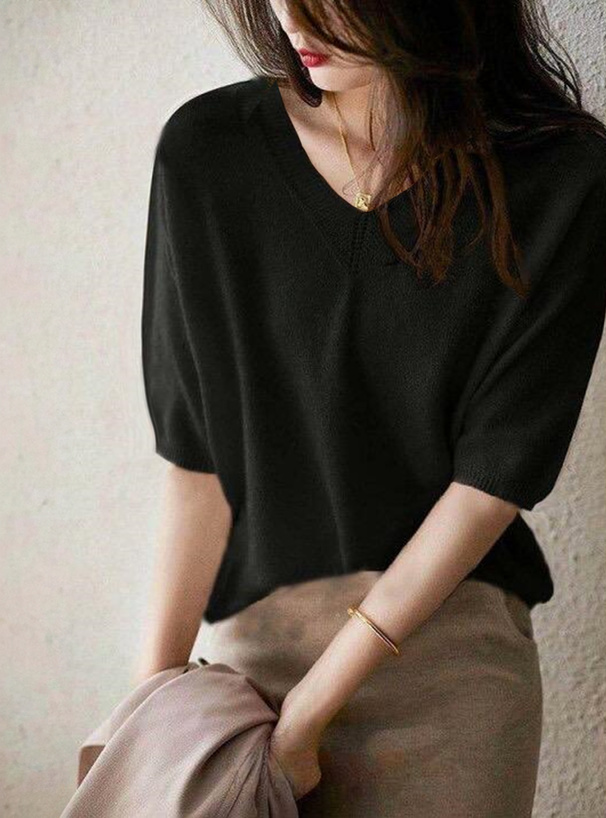 Vネック5分袖ニットトップス[yz604] | レディースファッション通販の