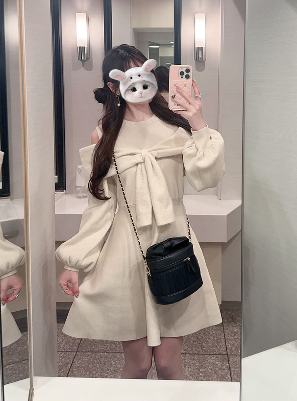 オープンショルダーシャギーリボンニットミニワンピース[za023a