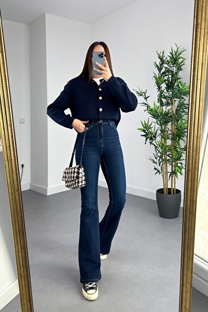MAKRAS EXCLUSIVE JNX Lara Kadın Lacivert Geniş Paça Likralı Denim