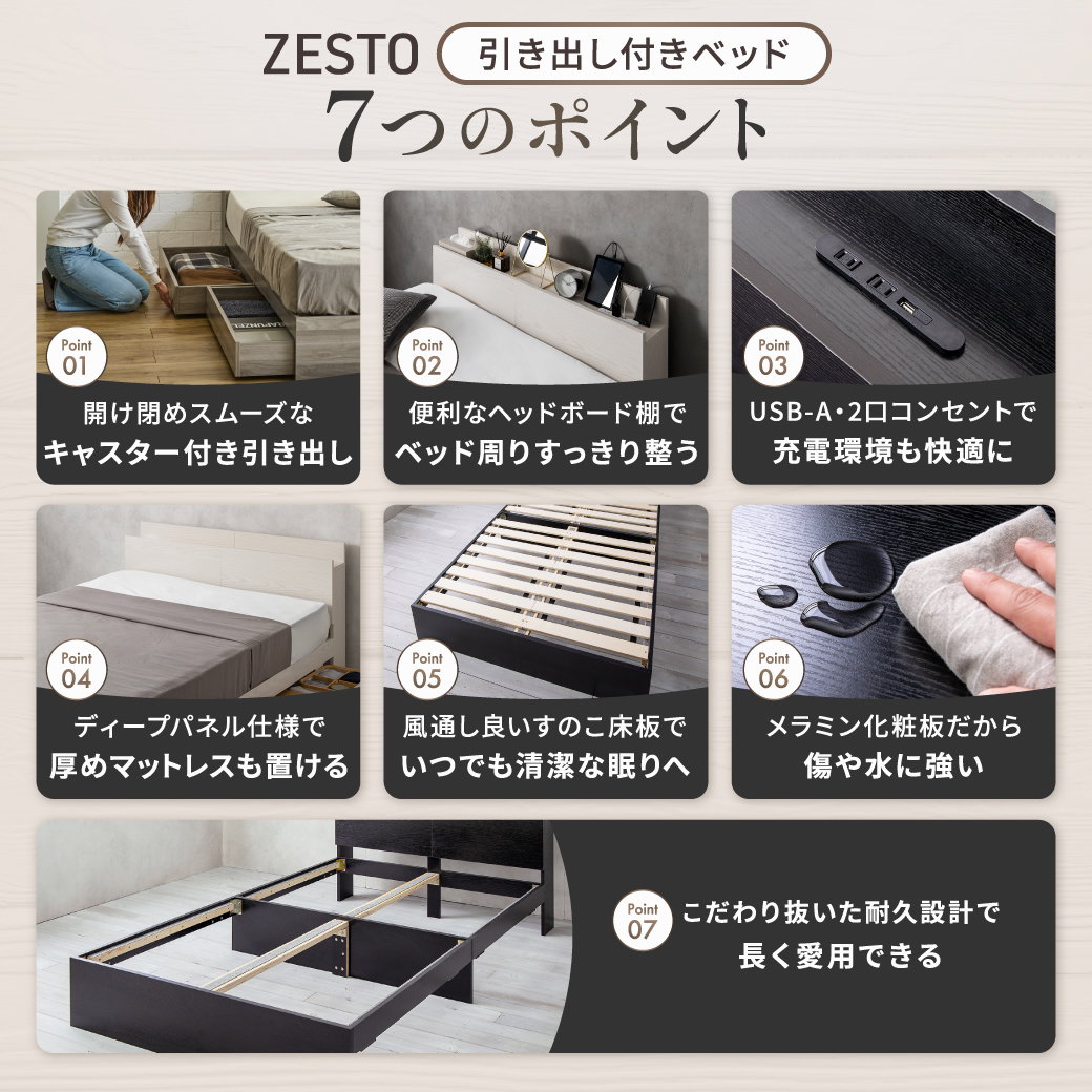 ポイント10倍】ベッド 収納 ダブルベッド マットレス付き 収納付き USB