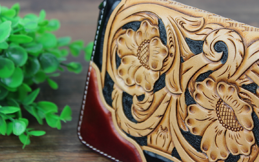 本革 大人可愛い手彫りレザーカービングロングウォレット | iichi 日々