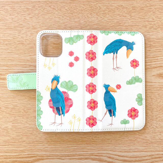 受注製作品】花とハシビロコウのiPhoneケース《Android対応》手帳型