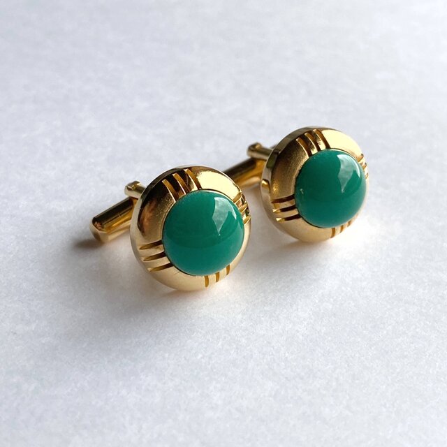 ゴールド 【翡翠 Jade】七宝焼のカフスボタン カフリンクス 純銀張七宝