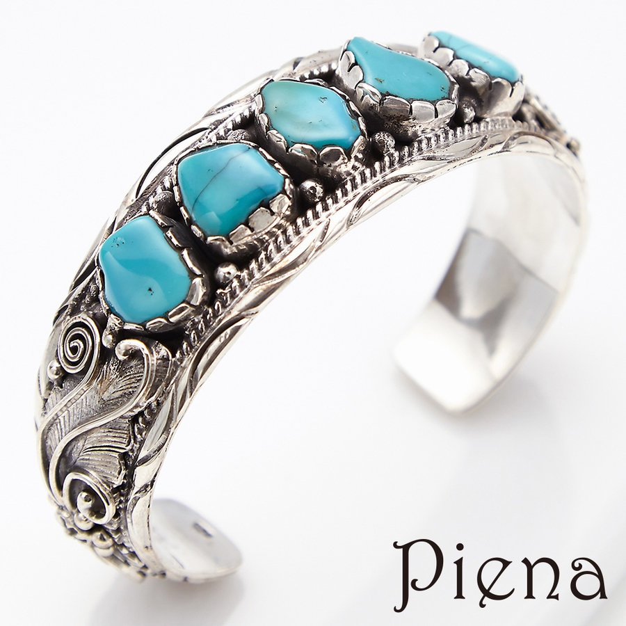 ターコイズとフェザーの太バングル シルバー925製 アラベスク[品番