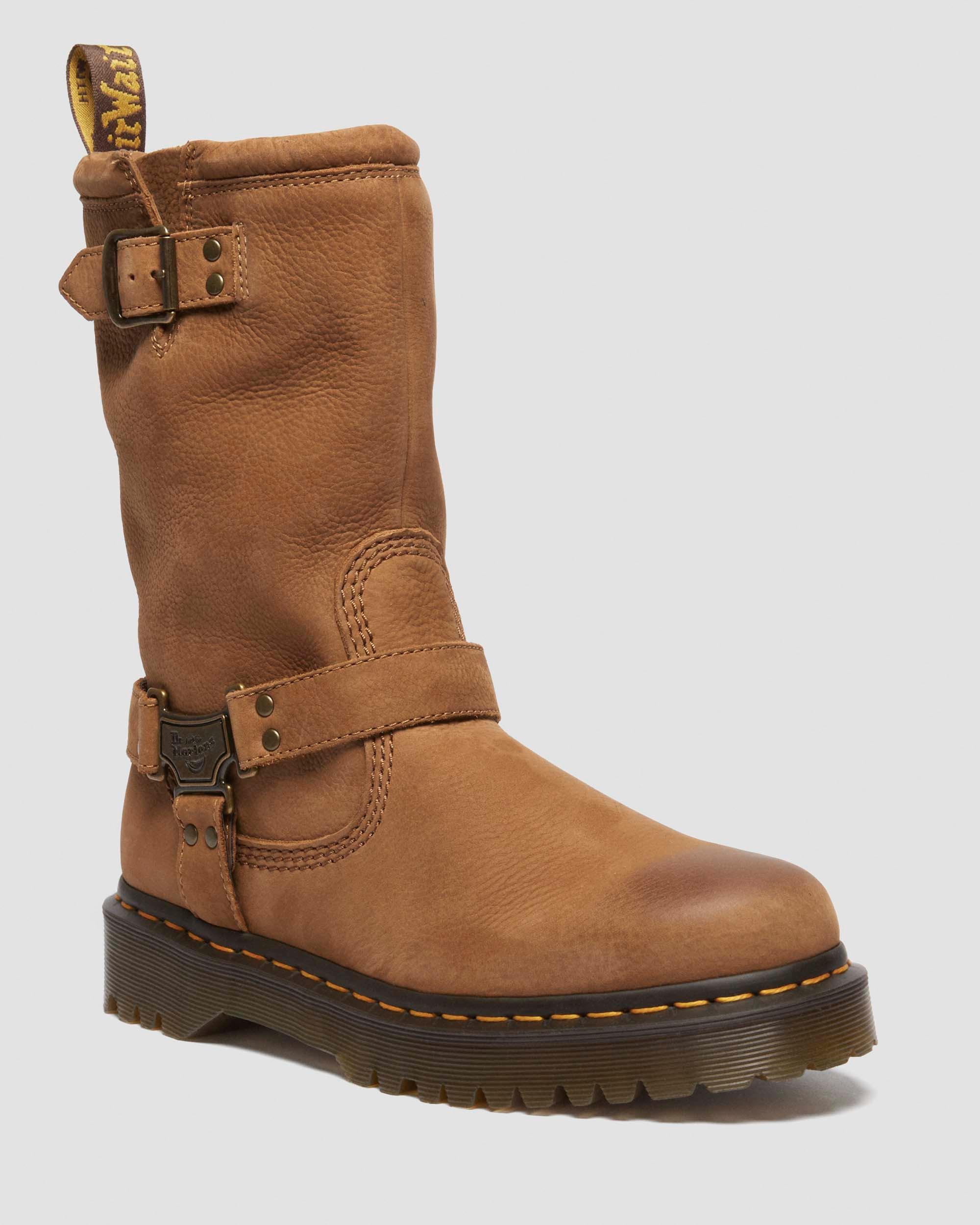 Anistone Hi Tumbled Nubuck biker boots in Desert Brown | Dr. Martens