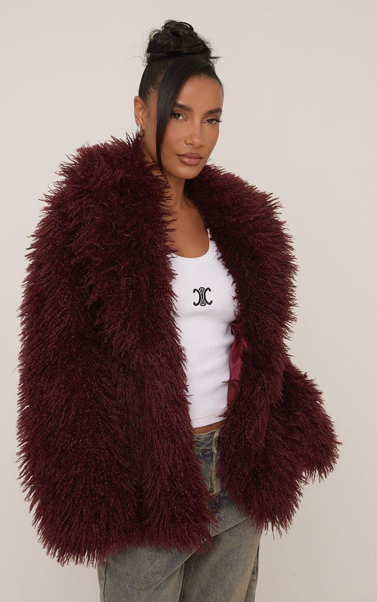 Oversized Collar Shaggy Coat In Burgundy Faux Fur | EGO UK | EGO