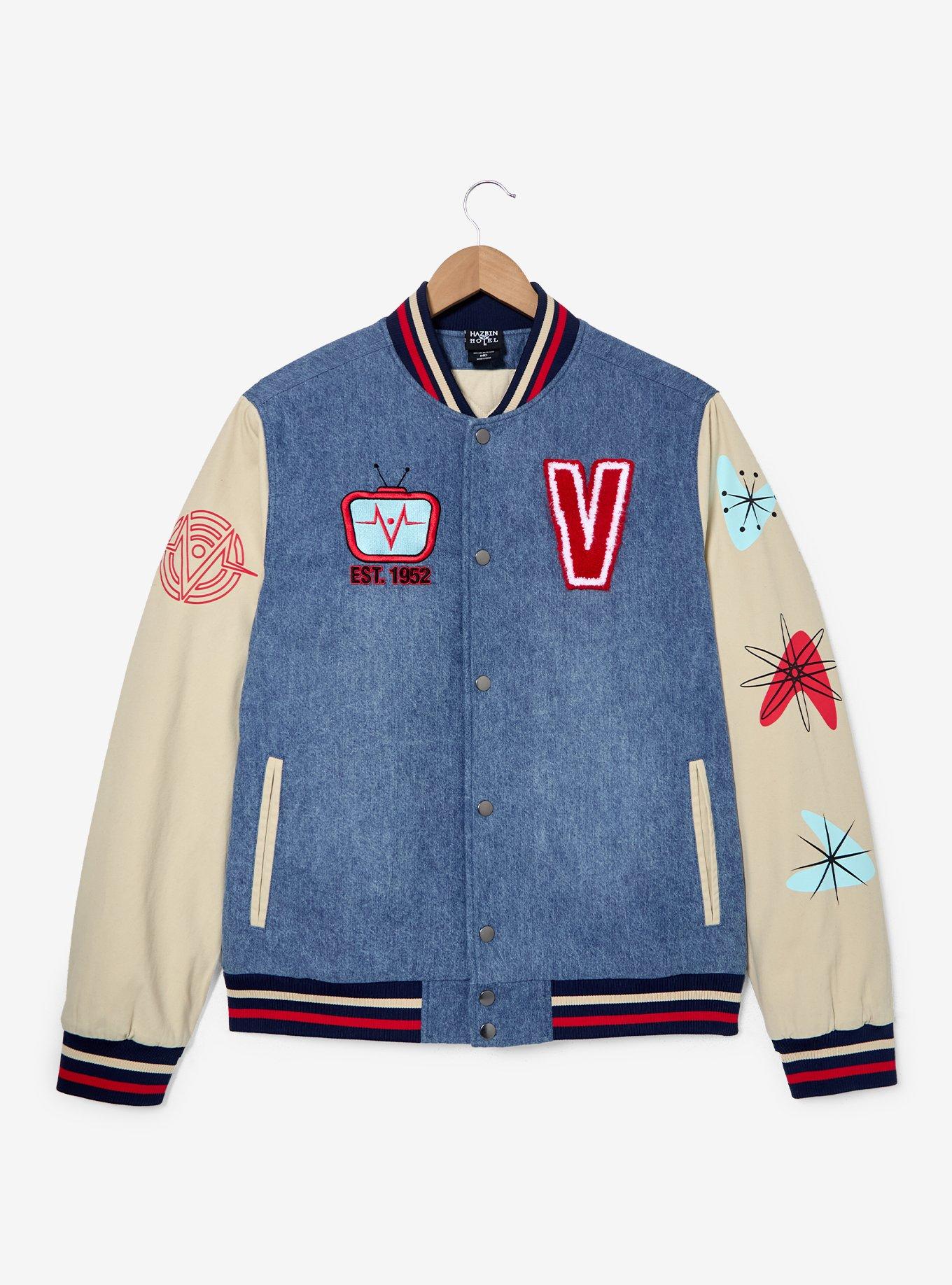 Hazbin Hotel Voxtek Vintage Denim Varsity Jacket — BoxLunch