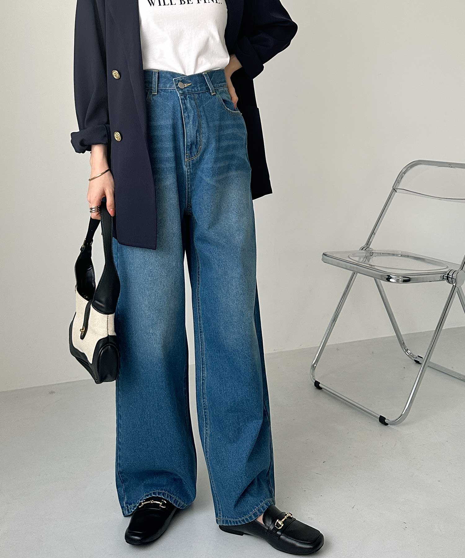 ウエスト調節可】ウエスト2ボタンワイドストレートデニムパンツ