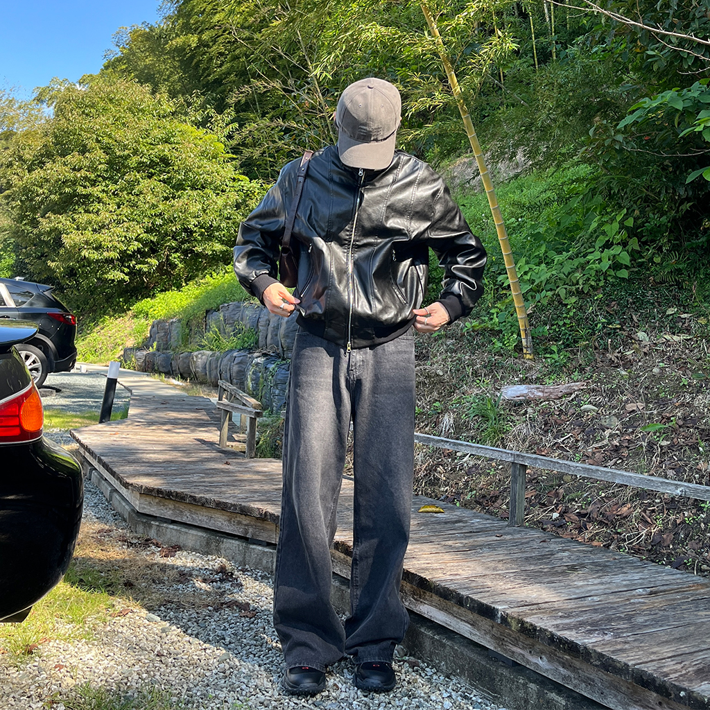 n❣️14th addict❣️レザーとストレッチ素材のハイネックジャケット