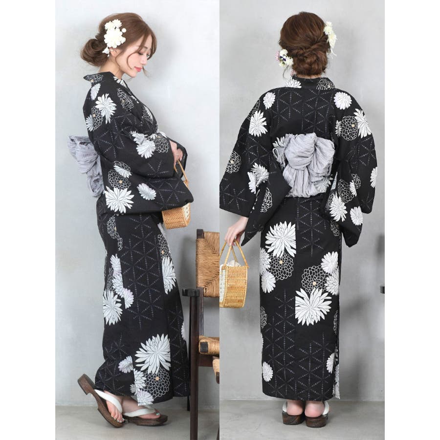 モノトーン菊柄浴衣3点セット 浴衣セット レディース浴衣[品番