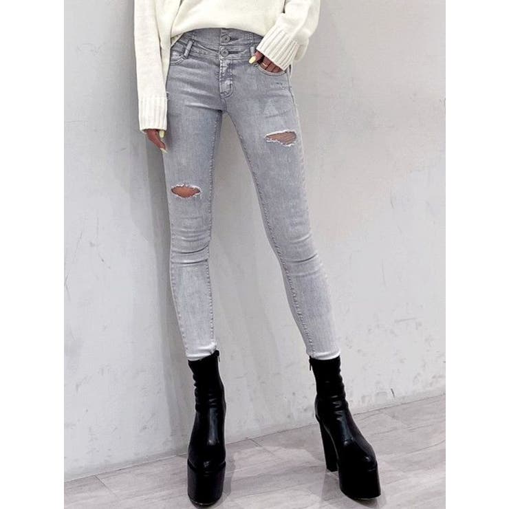 ハイウエスト ボタン ダメージ ケミカル カラースキニーパンツ[品番