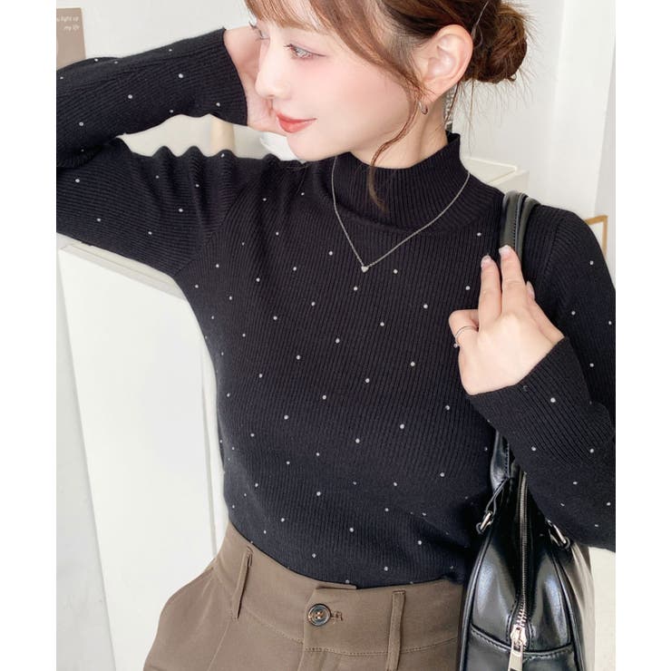 ラインストーンハイネックリブニットプルオーバー[品番：ERMW0004013