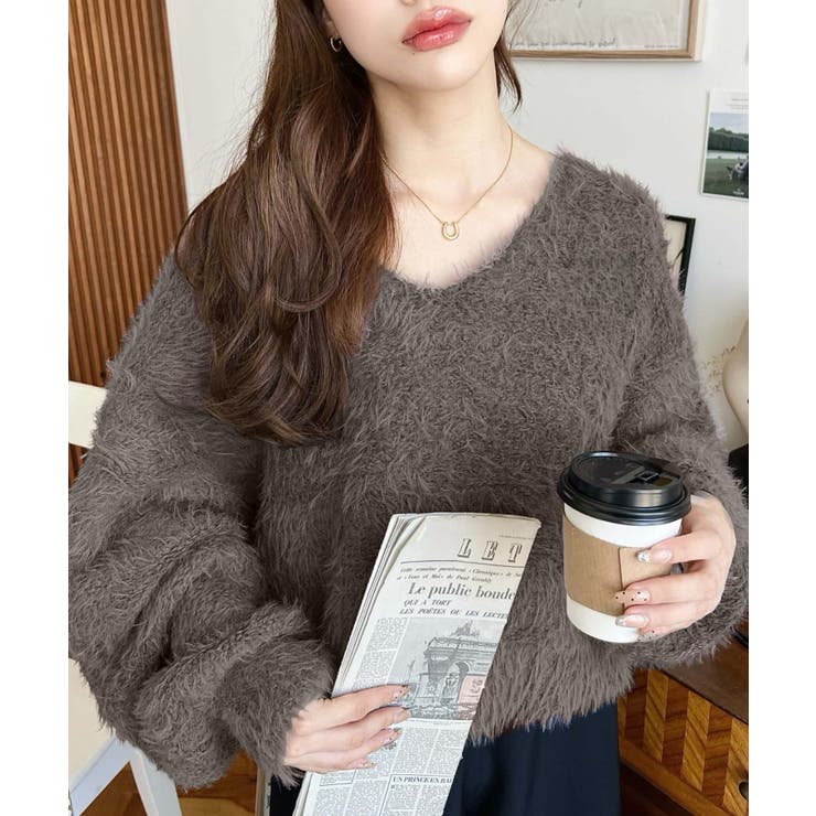 Vネックバルーンスリーブロングシャギーニットプルオーバー[品番