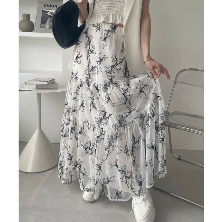 フロッキー 花柄 チュール フレアスカート ペチコート付き[品番