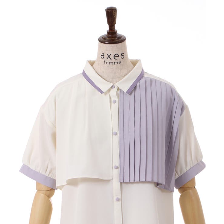 プリーツ使バイカラー半袖ブラウス[品番：IGAW0003755]｜axes femme