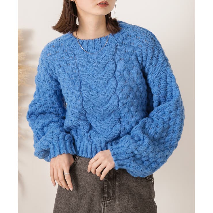 ショート・ボリューム袖 ケーブル編みニット[品番：ADEW0004290]｜ad