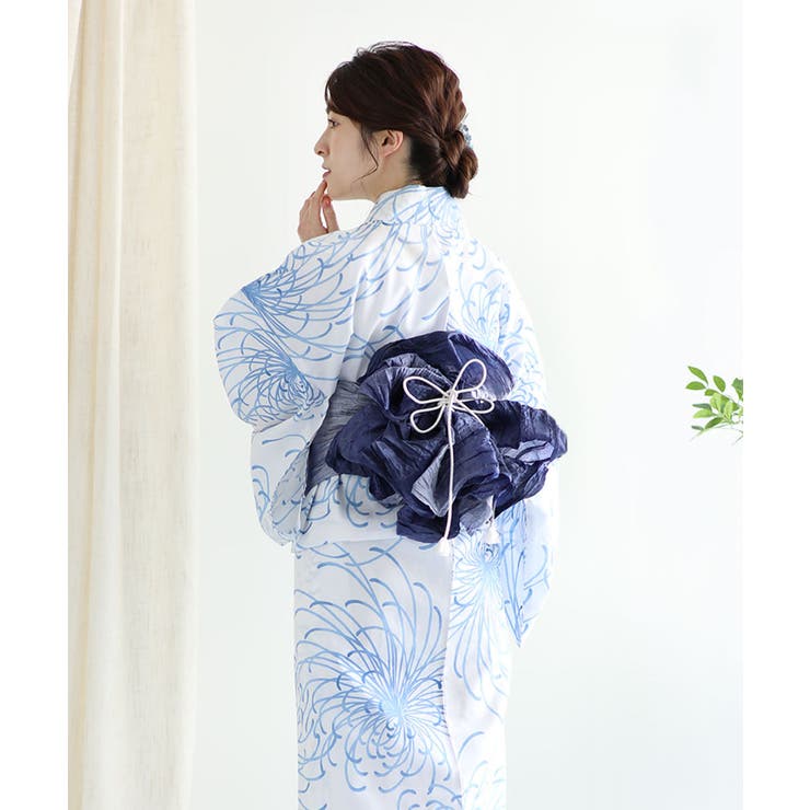 花模様コットン浴衣4点セット ゆかた・へこ帯・下駄・髪飾り[品番