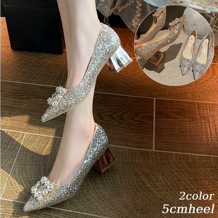 キラキララメの太ヒールビジューパンプス（ヒール5㎝）韓国