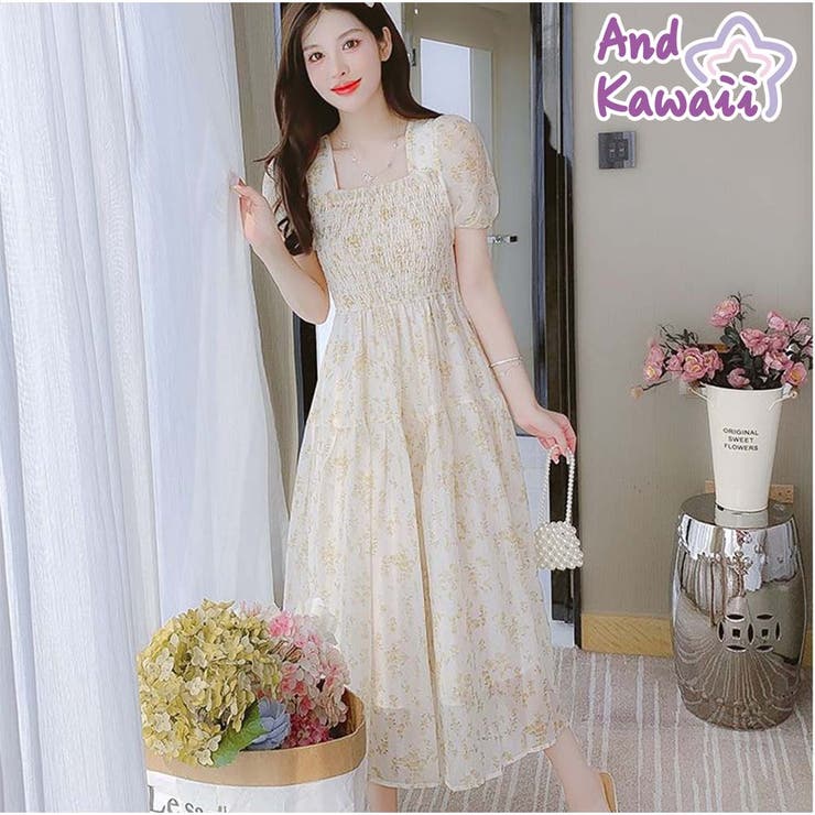 ワンピース ロングスカート ひざ丈 きれいめ カジュアル 花柄 韓国風