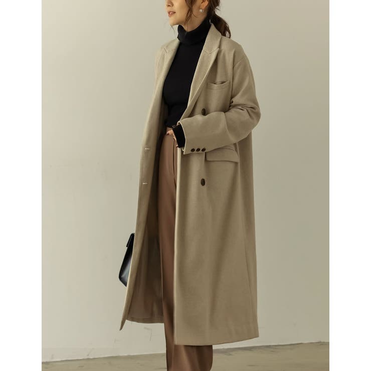 シンプルで合わせやすいチェスターコート ヘリンボーンダブルロング