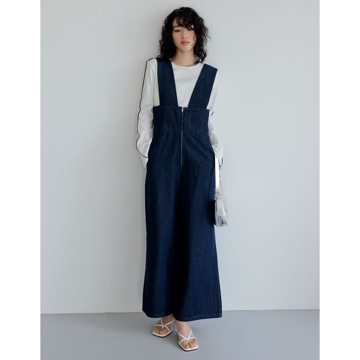 低身長/高身長サイズ有]フロントジップリサイクルデニムサロペット
