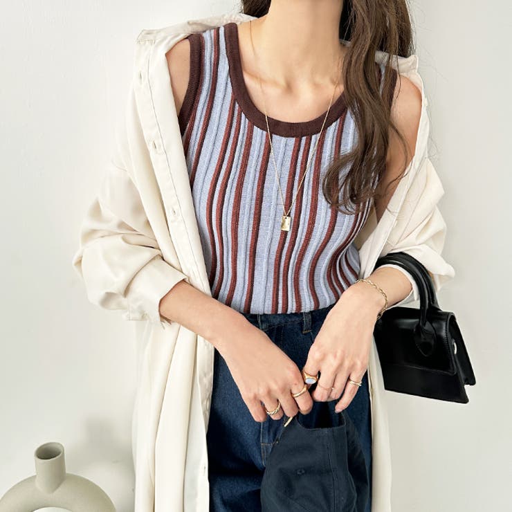 カラバリ豊富なマルチストライプニットタンクトップ＜夏服＞[品番