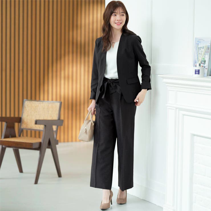 2点セット】洗えるノーカラーワイドパンツスーツセットアップ[品番