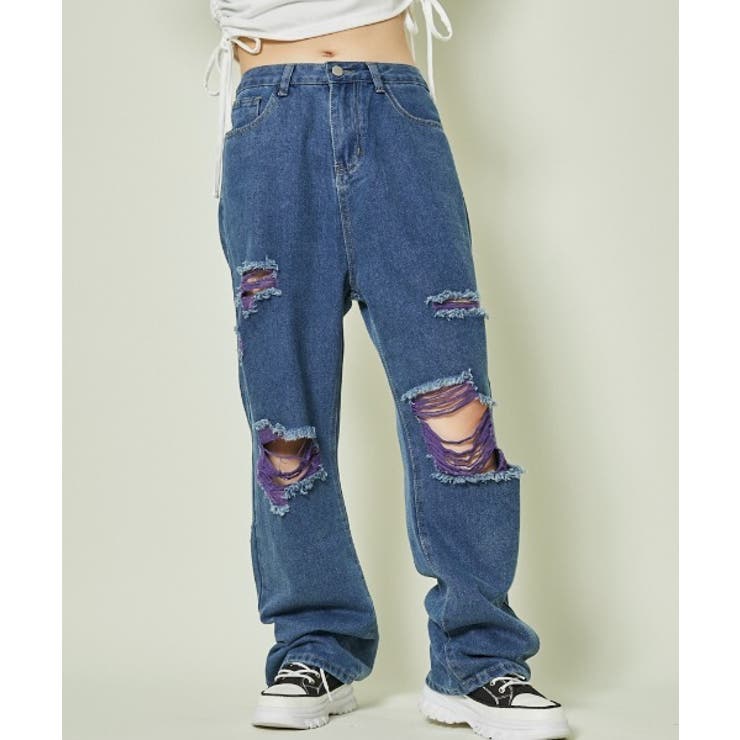 カラーダメージ×映えクラッシュ》Y2Kデニムパンツ[品番：GORW0010221