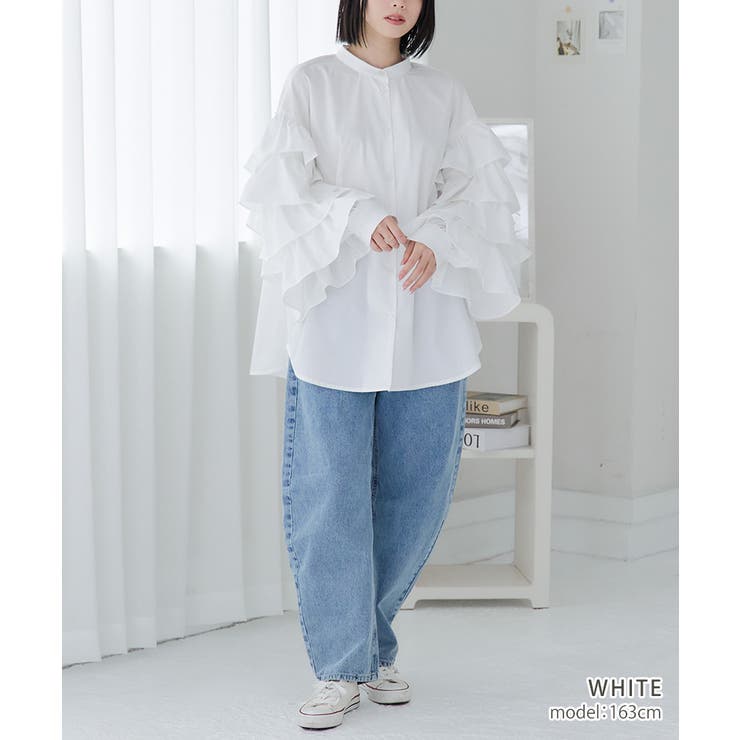 袖フリル ブラウス バンドカラー[品番：GW000004684]｜Growing Rich