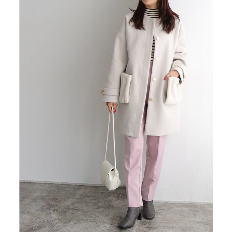 2wayファーポケットノーカラーコート コート アウター[品番