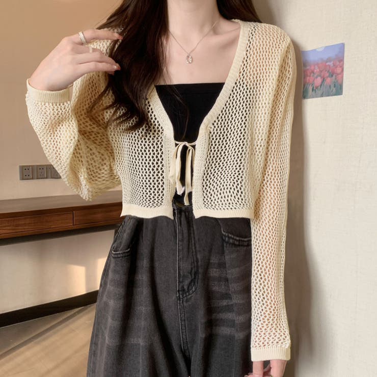 ショート丈メッシュニットカーディガン[品番：PVBW0008673