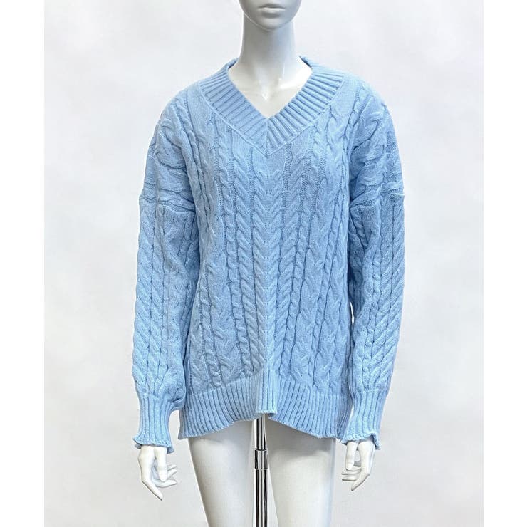ケーブル編みVネックニット セーター ケーブル編みニット[品番