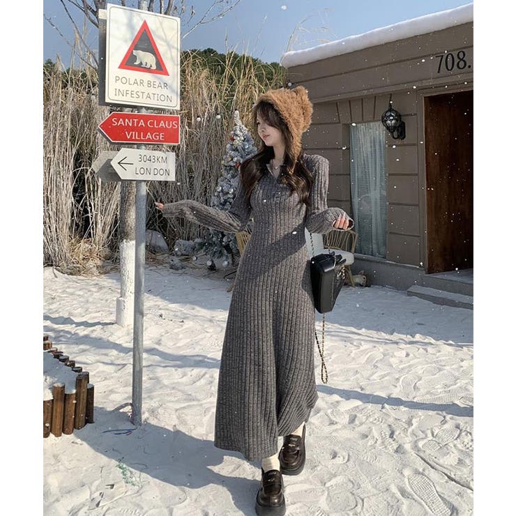 リブ編み ニットワンピース ロングワンピース[品番：KH000015013