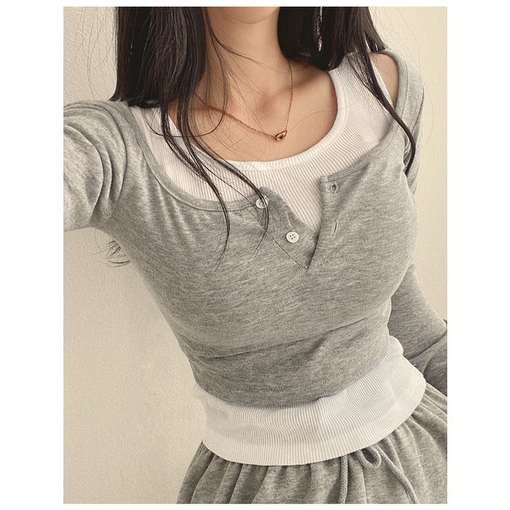 2ボタンクロップド丈長袖T+タンクトップセット 全5色 Y2K[品番