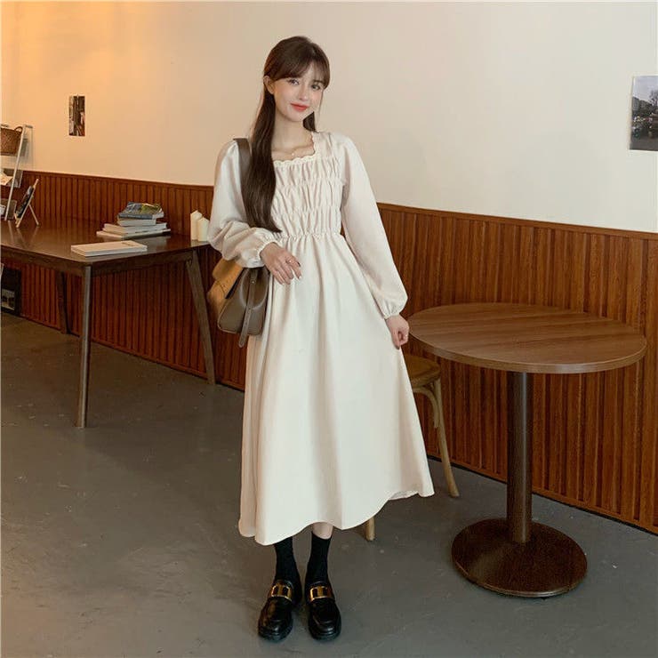 レース襟スクエアネックワンピース 韓国ファッション 韓国[品番