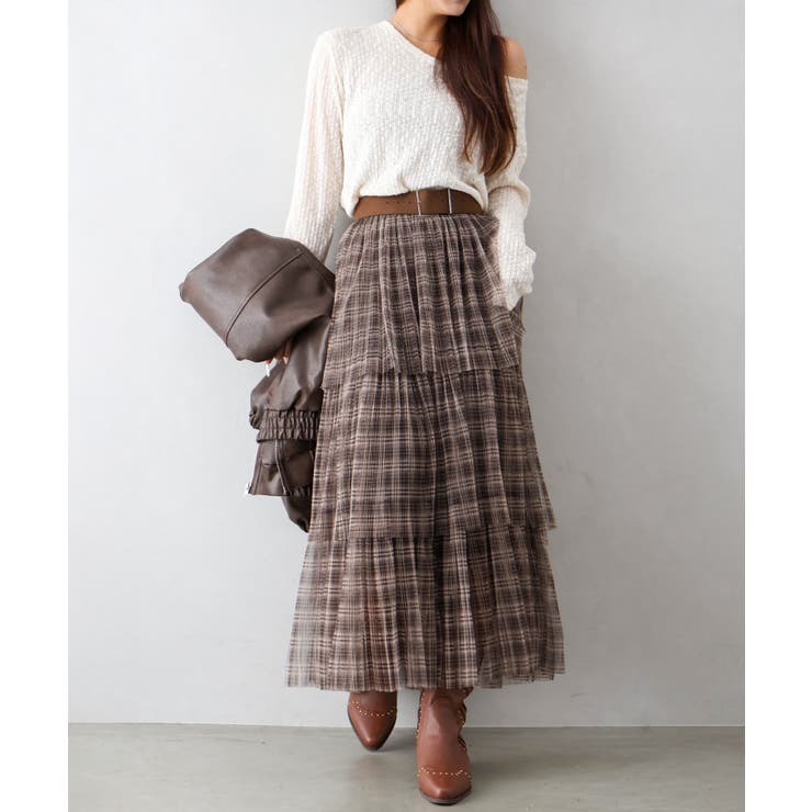 チュールチェックフリルロングスカート[品番：SPRW0010756]｜SpRay