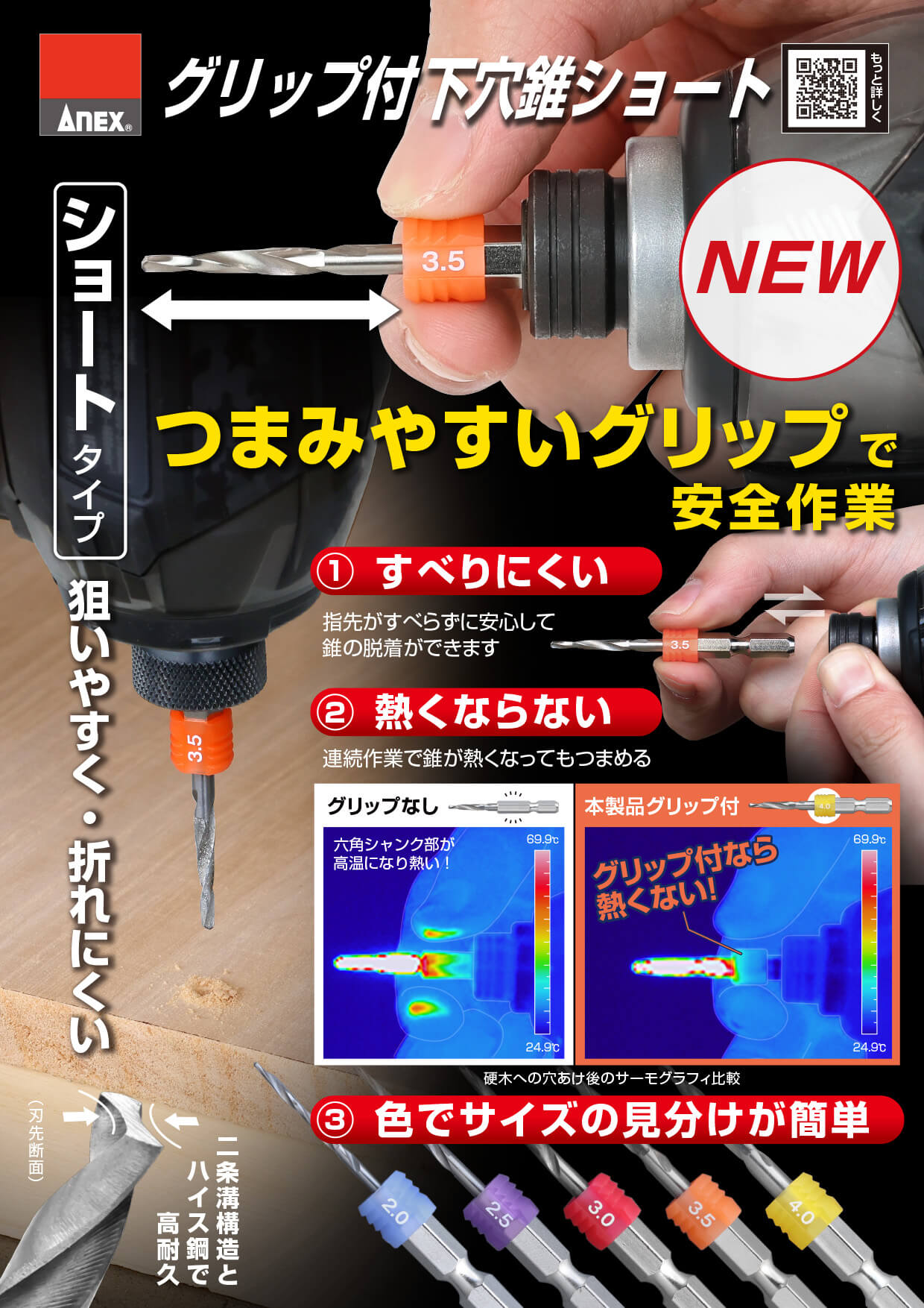 ANEX グリップ付下穴錐ショート 3本組 4.0mm【ANEX_AGKS3-040