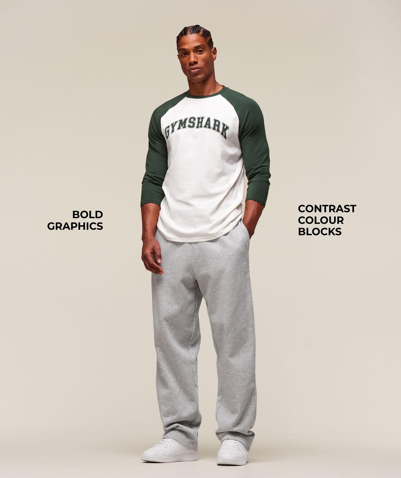 Gymshark GSLC Raglan 3/4 Sleeve T-Shirt - Soft White/Trail Green