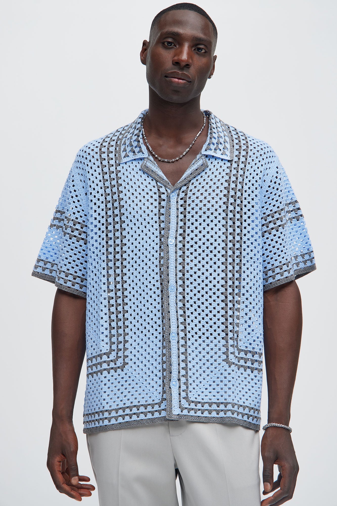 Allston Crochet Knit Shirt - Blue/combo | Fashion Nova