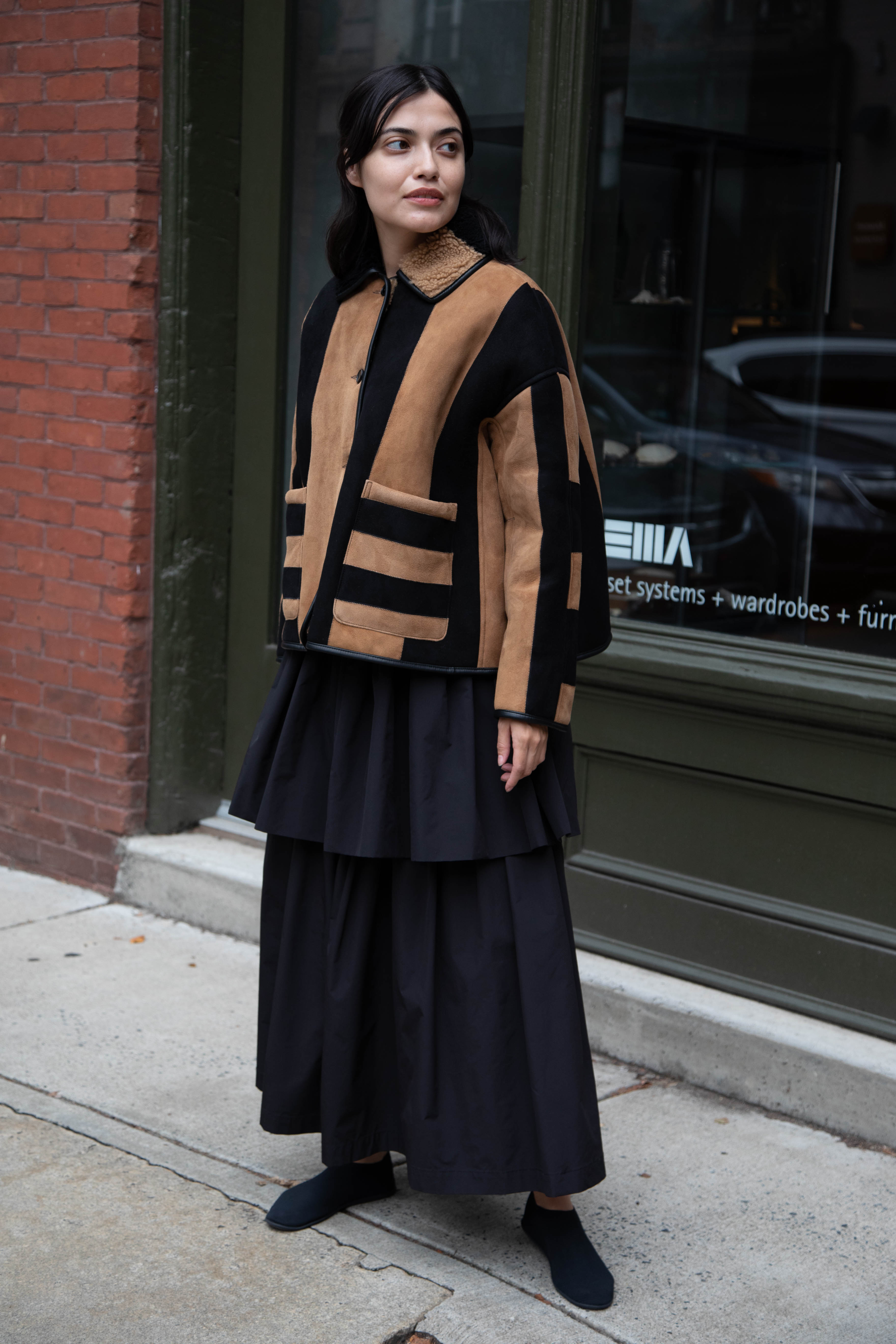 rennes — Cawley | Striped Shearling Avis Jacket in Black & Tan
