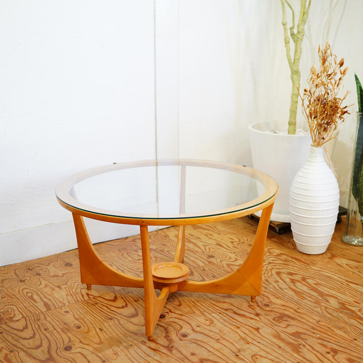 ガラス天板 センターテーブル ラウンドテーブル ヴィンテージ 中古