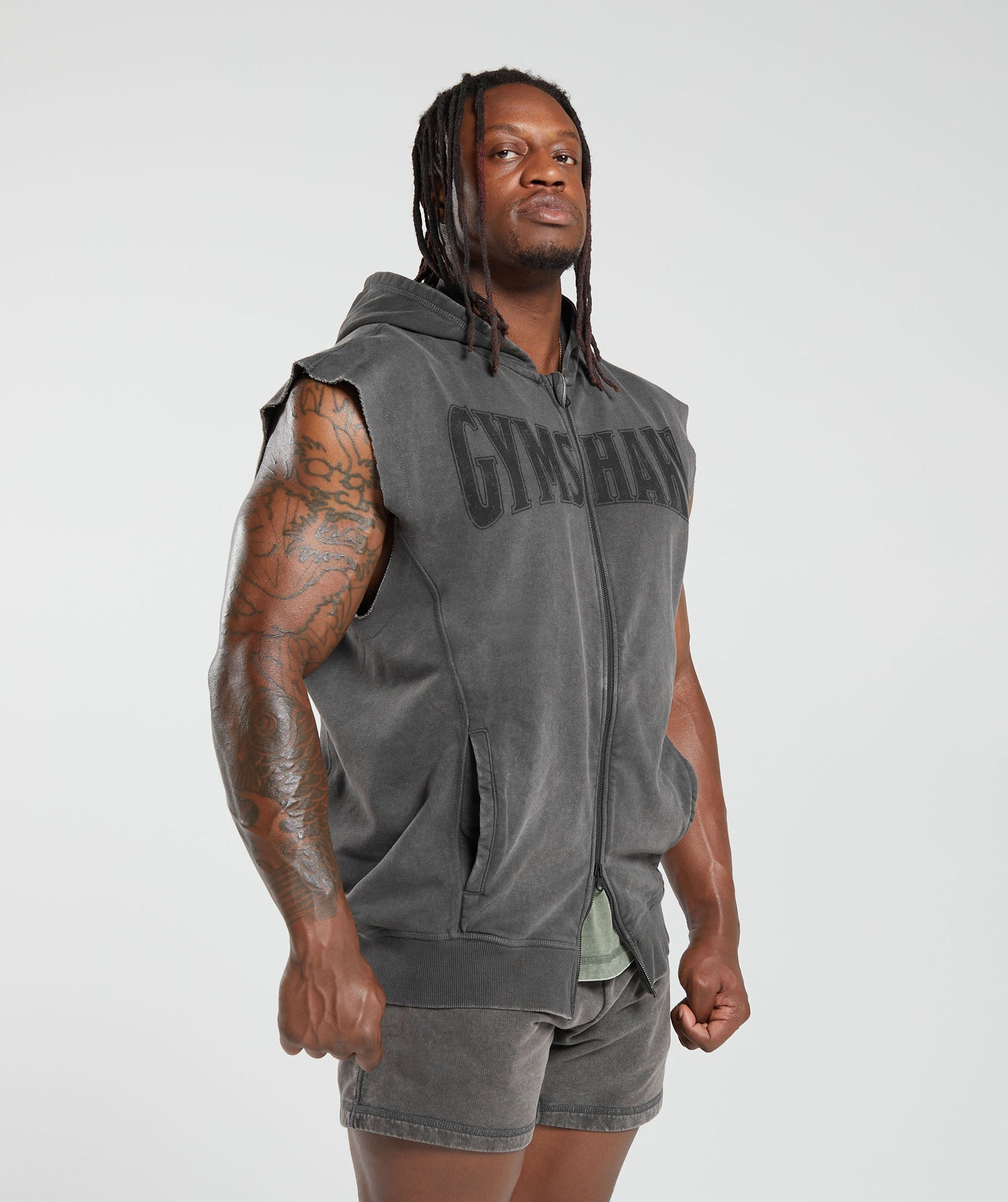 Gymshark Heritage Washed Sleeveless Zip Hoodie - Onyx Grey | Gymshark