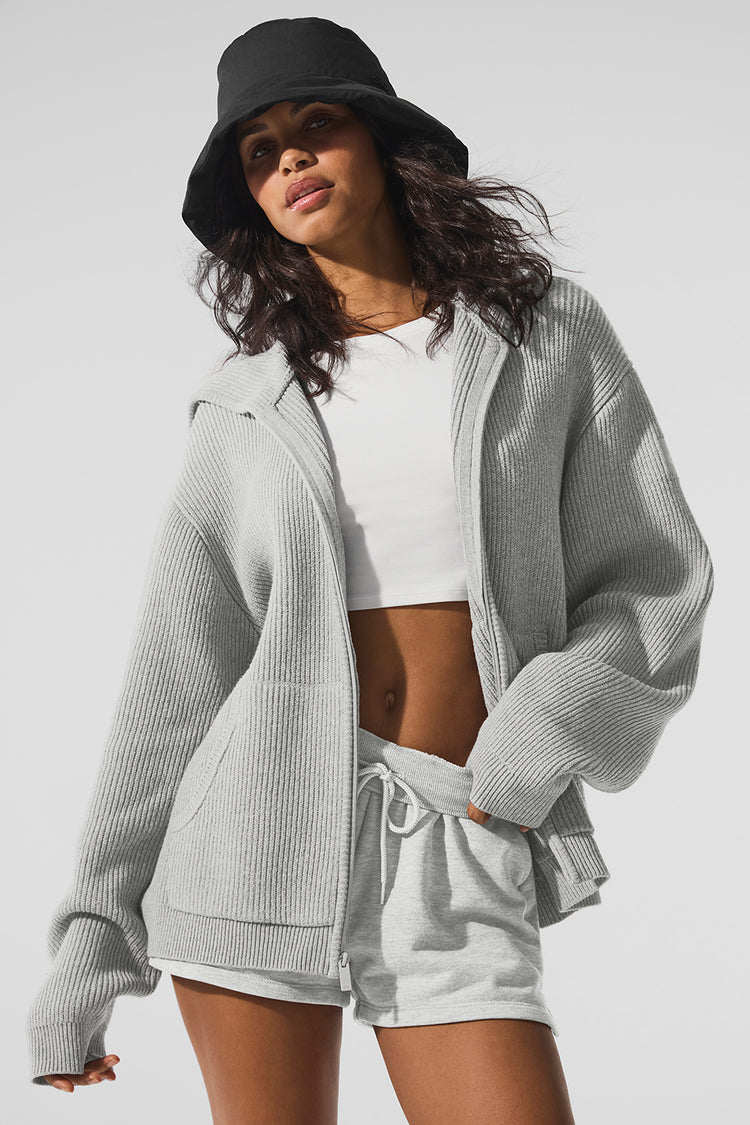 Domain Rib Knit Full Zip Sweater - Athletic Heather Grey | ALO