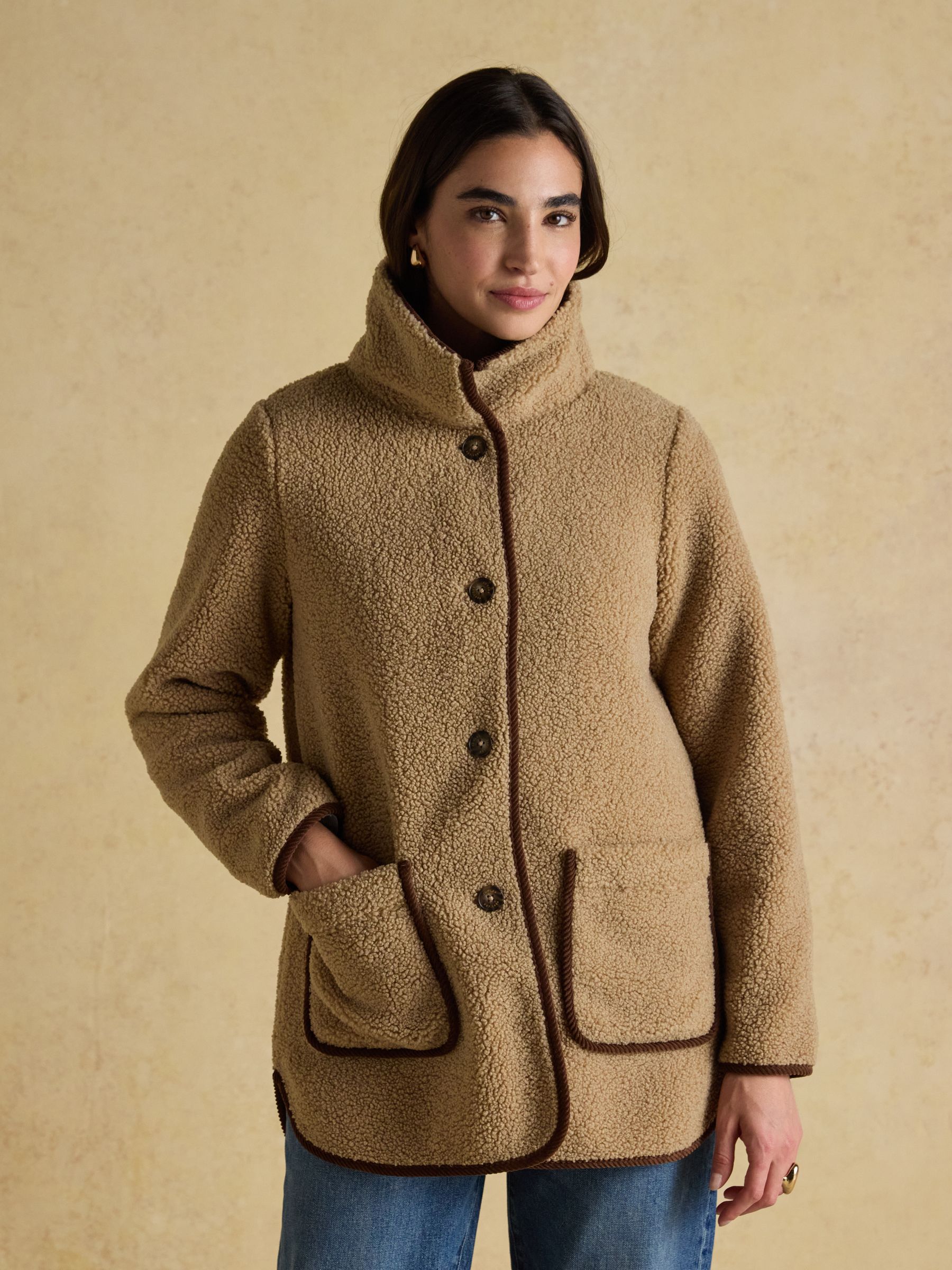 Sadie Taupe Fleece Jacket with Button Fastening | Joules