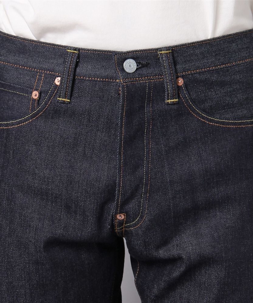 9002赤耳セルビッジテーパードデニムパンツ オレンジペンキステッチ